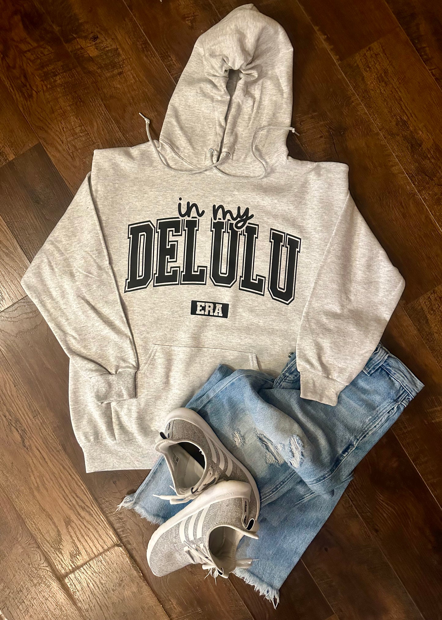 In my Delulu Era ash grey hoodie